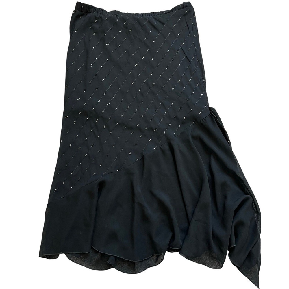 Vintage 90s Dino Black Sequin Skirt Flowy‎ Whimsygoth Y2K Midi Asymmetrical